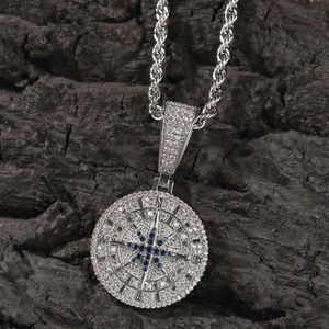 Hip Hop Diamond Gold Gold Compass Round Pendant Collier Personnalisé Copper Cumbic Zirconia Bling Jewelry Bling Bling Crystal Bijoux Colliers