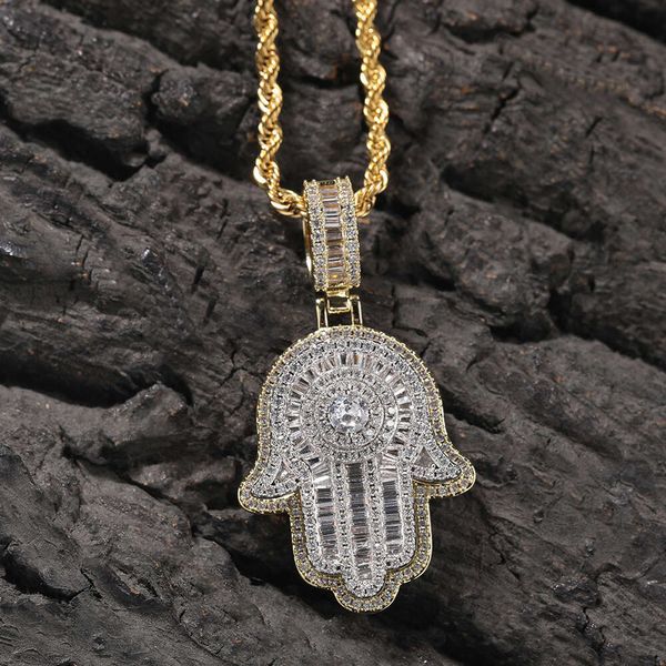 Collier pendentif à la main Fatima Hip Hop Top Hop Collier Copper Cumbic Zirconia Colliers de rappeur Bling Crystal personnalisé pour hommes et femmes collier