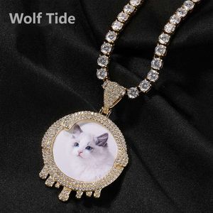 Hip Hop Hop Hop Gold Round Water Drop bricolage Photo Pendant Neckjlace for Men and Women Photo personnalisé Unisexe Copper Diamond Memorial Cadre Couple BLING COLLAR BLING