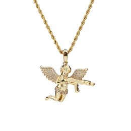 Top qualité bijoux Zircon or argent mignon ange bébé porter pistolet trucs pendentif collier corde chaîne pour hommes femmes 250K