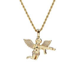 Top qualité bijoux Zircon or argent mignon ange bébé porter pistolet trucs pendentif collier corde chaîne pour hommes Women322i