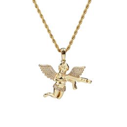 Top qualité bijoux Zircon or argent mignon ange bébé porter pistolet trucs pendentif collier corde chaîne pour hommes Women234M