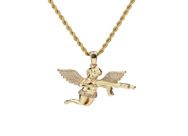 Bijoux de qualité supérieure zircon or argent mignon ange bébé porte arme arme à pistolet collier pendentif chaîne de corde pour hommes femmes5584942