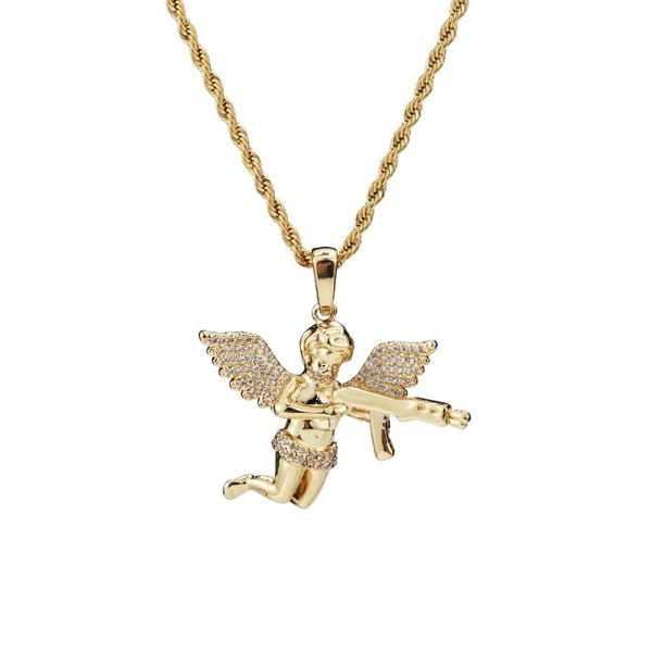 Joyería de calidad superior circonita oro plata lindo ángel bebé llevar arma cosas colgante collar cadena de cuerda para hombres mujeres 234M