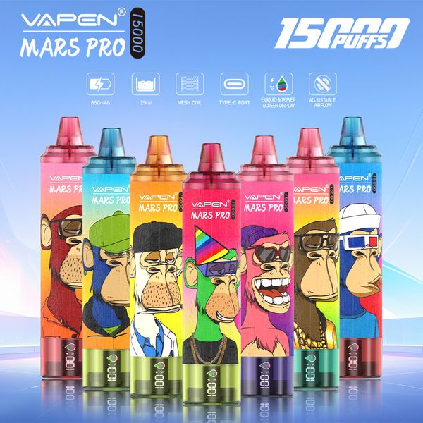 Authentique Vapen Mars Pro 15k 15000 Puffs Batterie Affichage Disposable Vape Pen E-cigarettes Kits 850mAh 25ML VAPES PRÉFUST