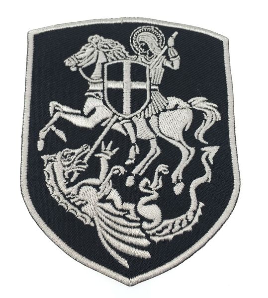 Top Quality Knight Warrior Shield Broidered Patch Georger sur Horse Slay Dragon Cross Shield Christian Patch Silver Bridery Gift Badge