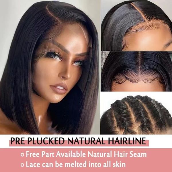 Bob droit de dentelle de qualité supérieure Bob de cheveux humains pour femmes noires pré-cueillie courte naturel synthétique saignement hd putain de fermeture frontale complète