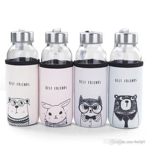 Botellas de vidrio deportivas de gran capacidad de alta calidad con cubierta de tela Botella de agua de animal de dibujos animados lindo Cuerda colgante Taza de mano ecológica portátil