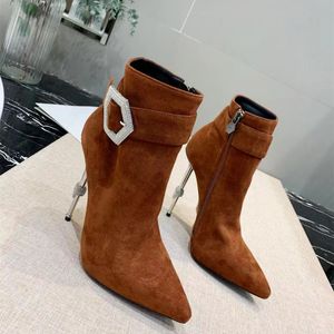 Topkwaliteit Nieuwste PP Ultra-High Bare Boots Martin Rhinestone Gesp Zilver Dunne Hak 12cm Designer Mode Diamanten Ghost Lederen Schapenvacht Suede Echte Mannen