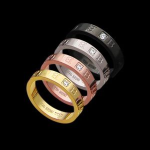 Topkwaliteit Luxe Stijlen Dames Designer Ring Titanium Staal Goud Zilver Rose Zwart Kleuren B Letter Eenvoudige Enkele CZ Steen Coup283N