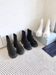 Diseñador de marca de lujo de alta calidad Otoño Invierno Botas de calcetín de tobillo para mujer Estiramiento de punto Tacones gruesos Botas cortas Mujer Slip On Zapatos de plataforma Pr