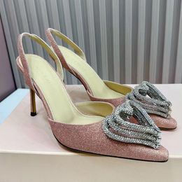 Topkwaliteit luxe designer nette schoenen MACH hoge hakken enkelbandje terug holle teen sandalen hartvormige strass steentjes 9,5 cm mode casual roze glinsterende slingbacks
