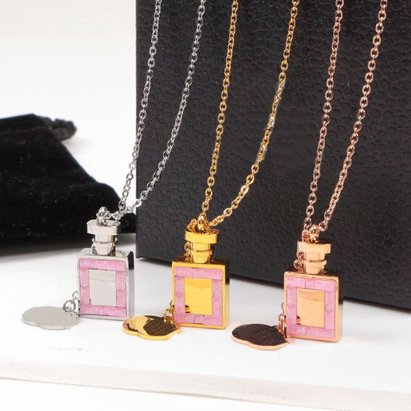 Collier pendentif bouteille de parfum de luxe de qualité supérieure diamants roses bijoux en acier titane collier classique