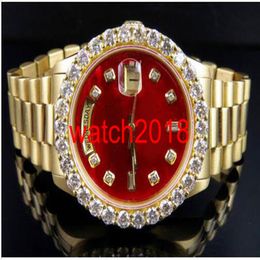 Topkwaliteit luxe horloge 18K heren geel goud DayDate 36MM rode wijzerplaat groter diamanten horloge 5 5CT automatische mechanische herenhorloges N250Z