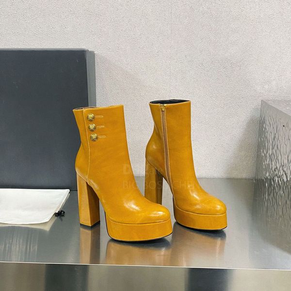 Top Qualité Femmes De Luxe Bouton Bout Pointu Talons Chunky Bottines Bloc Zip Latéral Brune Pompes Bottines De Designer À Talons Hauts Chaussures Botton De Mode