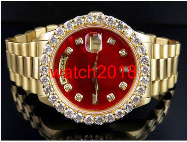 Top Qualité Montre De Luxe 18K Hommes Or Jaune DayDate 36MM Cadran Rouge Plus Grand Diamant Montre 5.5CT Automatique Mécanique Hommes Montres Nouveau