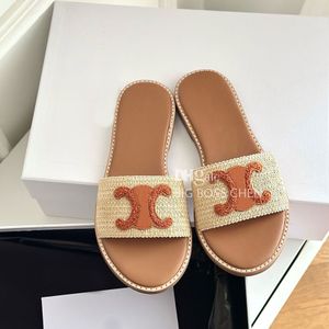 Topkwaliteit lympia platte slijbanen slippers lederen binnenzool raffia sandalen open tenen luxe designer dia's voor dames vakantievlakken schoen fabrieksschoenen met doos