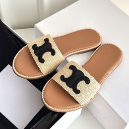 Topkwaliteit lympia platte slipper dames raffia sandalen strandontwerper dia's voor dames vakantie wandelschoenen fabrieksschoenen schoenen