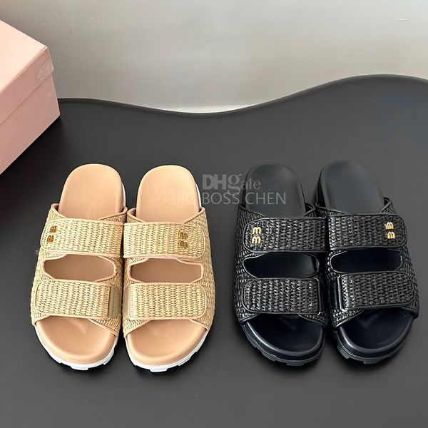 Top de qualité Lympia Slides pour femmes Raffiah Sandals Sandals Logo Flat Beach Shoes Luxury Designer Flat Shodes Force For WomensVacation Shoes with Box 35-42