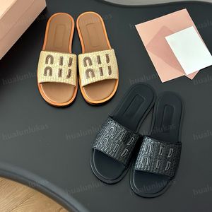 Lympia-slippers van topkwaliteit Dames Raffia-geweven slipper met letter verfraaide sandalen platte strandschoenen Luxe designer-slippers Vakantie-wandelschoenen met box35-42