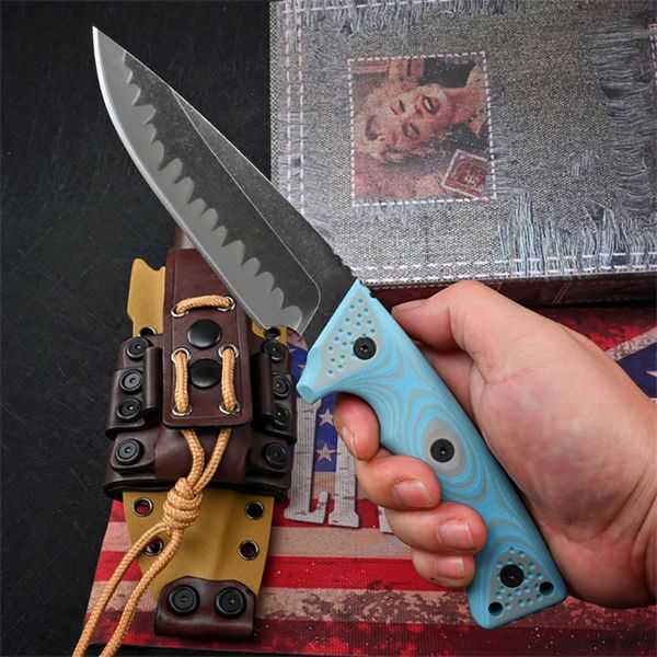 Cuchillo recto de supervivencia fuerte M35 de alta calidad Z-wear Stone Wash Drop Point Blade Full Tang Blue G10 Mango Cuchillos tácticos de hoja fija para exteriores