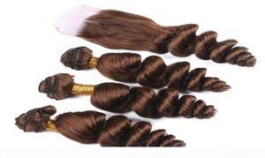 Top de qualité malaisienne vierge brun moyen brun humain vague lâche 3 faisceaux avec 4x4 Ferme avant en dentelle brun chocolat pure 4 colo2929384