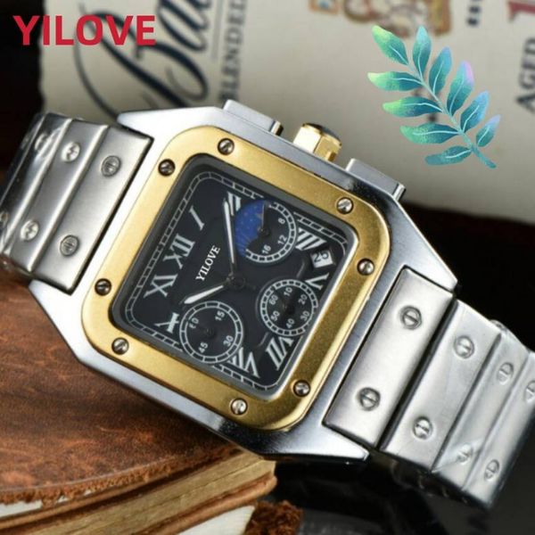 Top Qualité Hommes Montre Classique 43mm Japon Mouvement À Quartz Chronographe Horloge Montre De Luxe Hommes Étanche Date Cadran Carré Roman Word Nail Business Montres-Bracelets