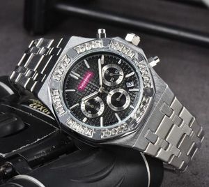Men de bonne qualité Full Fonctional Watchs Watchs Band en acier inoxydable Clock Japan Quartz Movement Chronograph Auto Date Colorful Big Diamonds Ring Chain Watch