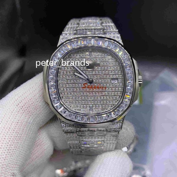 Montres automatiques pour hommes de qualité supérieure Iced Out Diamond Watch 40MM Argent Baguettes en acier inoxydable Diamond Bezel saphir Watch214C