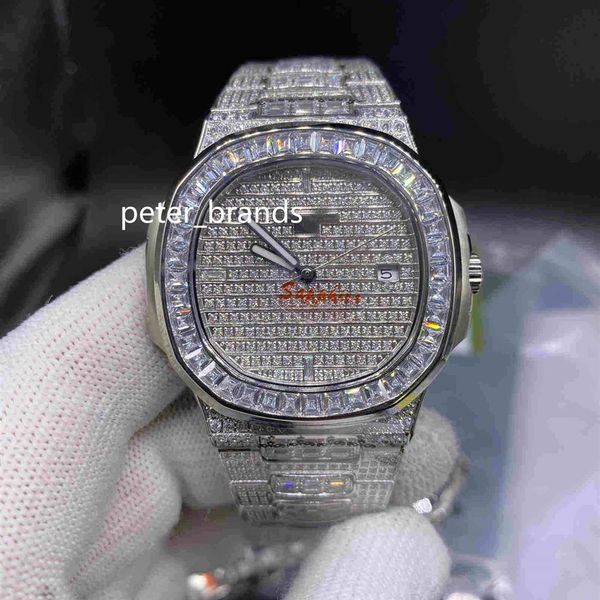 Montres automatiques pour hommes de qualité supérieure Iced Out Diamond Watch 40MM Argent Baguettes en acier inoxydable Diamond Bezel saphir Watch312f