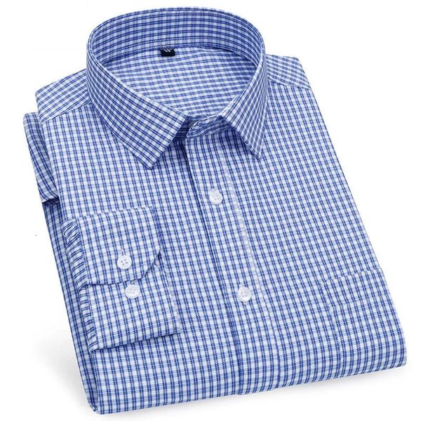 Camisa de manga larga informal de negocios de calidad superior para hombres Camisas de vestir sociales masculinas a cuadros a rayas clásicas para hombre Púrpura Azul 240305