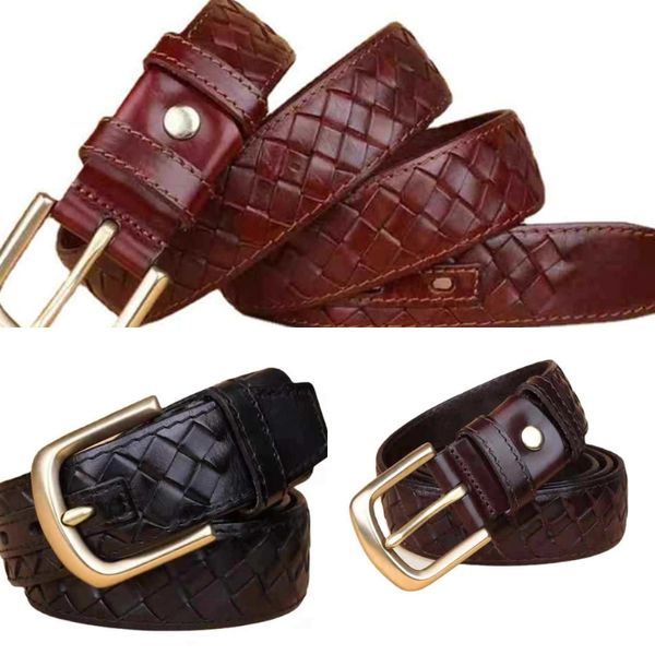 Cinturón trenzado de cuero genuino de calidad superior para hombres, cinturones de vaca con hebilla de cobre puro para hombres, niños, venta al por mayor, pretina de lujo clásica, regalo de vacaciones de boda