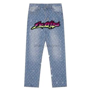 Topkwaliteit heren jeans ontwerper dames jeans gradiënt graffiti geprinte vlamjeans geprinte patchwork wijd uitlopende jeans geborduurde slanke fit high street broek