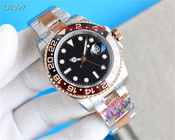 Relojes para hombres de alta calidad GMT Reloj mecánico automático 40 mm Hora dual CAL.3186 3285 Movimiento 904L Anillo de coque de zafiro Cerámica Brillo Buceo Relojes de pulsera de lujo