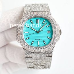 Topkwaliteit herenhorloge Fashion Silver Herenhorloge 40 mm Ice Out Full Diamond Bezel Automatisch uurwerk blauw gezicht