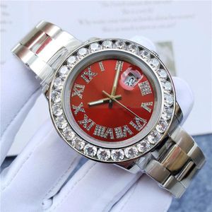 Hombres de calidad superior Mujeres Diamante Iced Out Relojes Bling Red Dial Acero inoxidable Reloj automático para hombre Movimiento mecánico Glide Sport245n