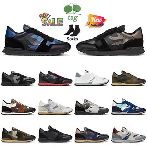 Top Qualité Hommes Desginer Chaussures Casual Valentnois Veau Nappa Cuir Noir Blanc Gris Pastel Gris Militaire Vert Tissu Camo Sports Baskets Baskets Plates