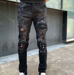 Herenjeans Gaten patch printen Verontruste topkwaliteit jeans Motorbiker jean Rock Skinny Slim Ripped Knee zipper Denim broek