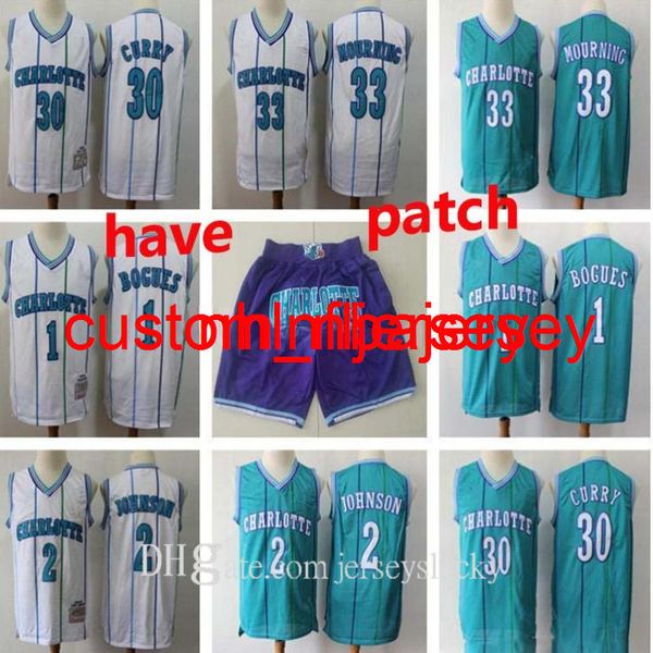 Top Quality Mens Throwback 33 Alonzo Mourning 2 Larry Johnson 1 Bogues 30 Dell Curry Basketball Shorts Basketball Maillots S-2XL