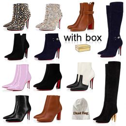 Rouge Bottom Femme Bottes au-dessus de la botte du genou Designer High Heels Lady Sexy Winter Boot en cuir noir Martin Ankle Shotties Big Size 9 9.5 10 43 Chaussures de luxe avec boîte