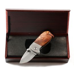 Mini cuchillo plegable de calidad superior VG10 Hoja de acero de Damasco Mango de madera EDC Cuchillos de regalo de bolsillo con embalaje de caja de madera