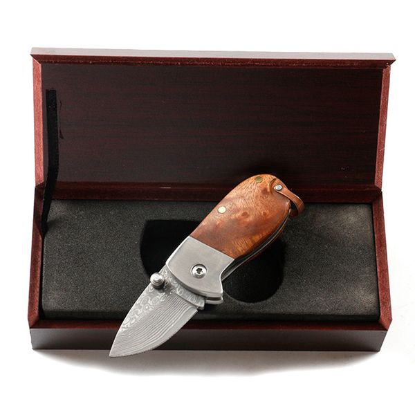 Mini couteau pliant de qualité supérieure VG10 lame en acier damas manche en bois EDC couteaux de poche cadeau avec emballage en bois