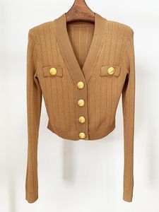 Top qualité nouvelle arrivée conception chaude tricots courts cardigan tricoté mince pour femmes hauts col en v boucles en métal marron clair noir blanc