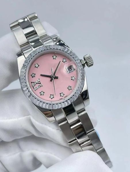 Top qualité nouvelle dames rose diamant montre 28mm automatique mécanique boîte en acier inoxydable bracelet montre-bracelet