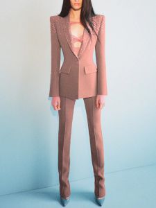 Topkwaliteit nieuwste 2024 modeontwerper S/S carrièrepak set dames elegante single button diamanten kralen blazer broekpak