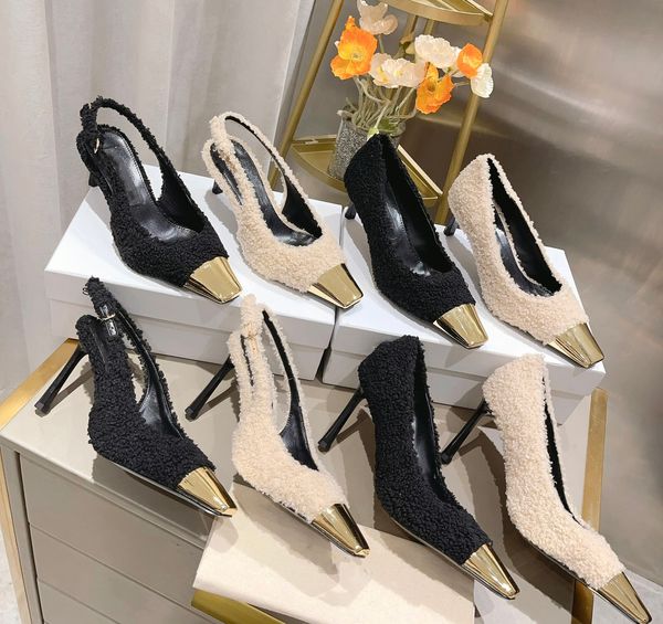 Zapatos de mujer de tacón de aguja de piel de felpa sexys más nuevos de calidad superior, zapatos con talón descubierto, zapatos de tacón alto de diseñador de marca, zapatos de boda para fiesta en la pasarela, tacones de Metal para novia de 9cm // 6,5 cm