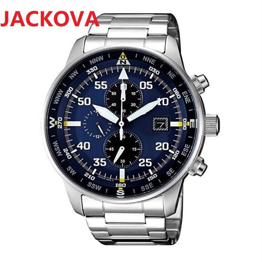 Topkwaliteit mooi model quartz mode herenhorloges stopwatch auto datum groot volledig functioneel populair roestvrij staal zwart blauw dial284v