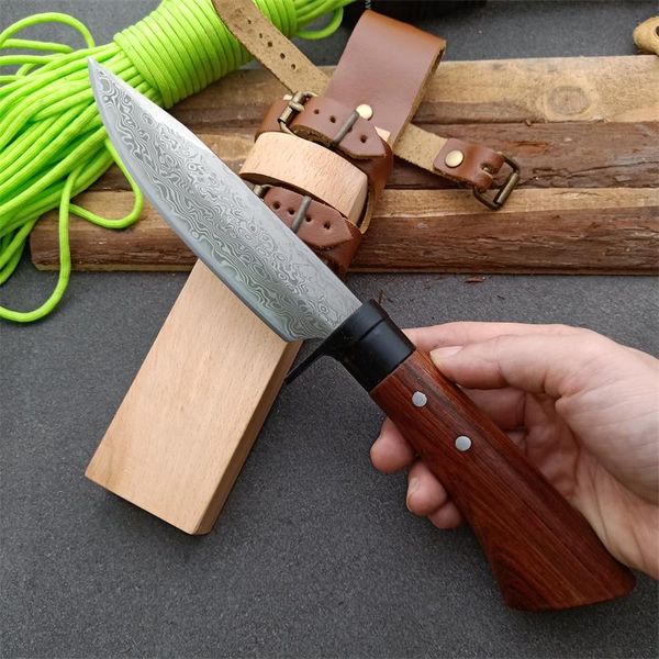 Cuchillo de caza de hoja fija para exteriores de alta calidad, hoja de acero, mango de madera, cuchillos rectos con funda de madera