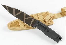 Couteau droit de survie en plein air de qualité supérieure 8Cr13Mov Lame revêtue de titane Poignée en caoutchouc ABS Couteaux à lame fixe avec gaine en nylon