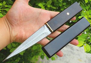Couteau droit de survie en plein air de qualité supérieure VG10 en acier damas lame à double tranchant manche en ébène couteaux à lames fixes avec gaine en bois